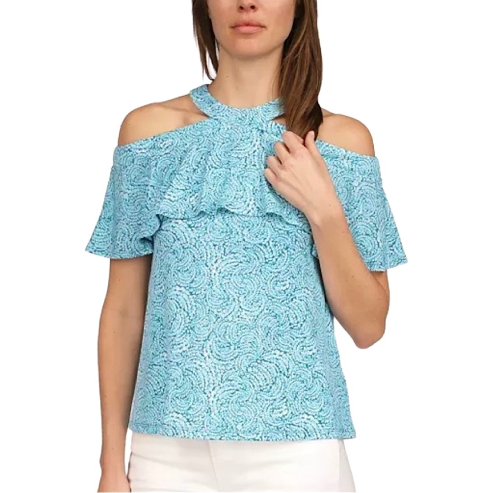 NWoT MICHAEL Michael Kors Shibori Printed Flounce Cold-Shoulder Top, size L
